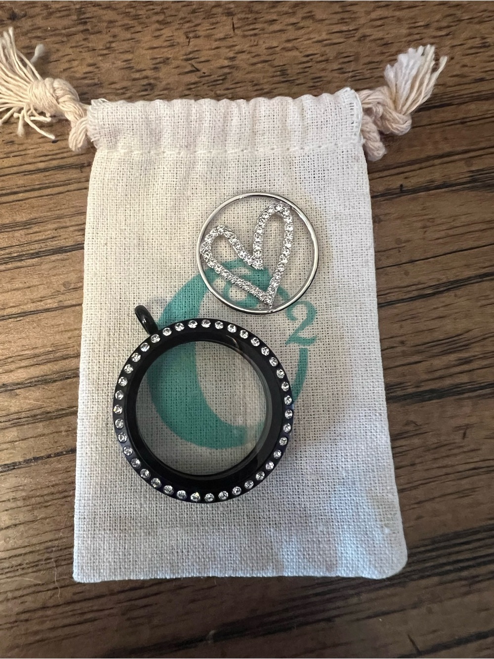 Origami Owl Black Crystal-Studded Round Locket with Silver Heart Charm